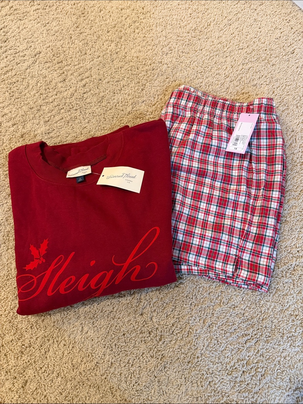 Universal Thread Red Holiday 'Sleigh' Sweatshirt with Plaid Pajama Shorts